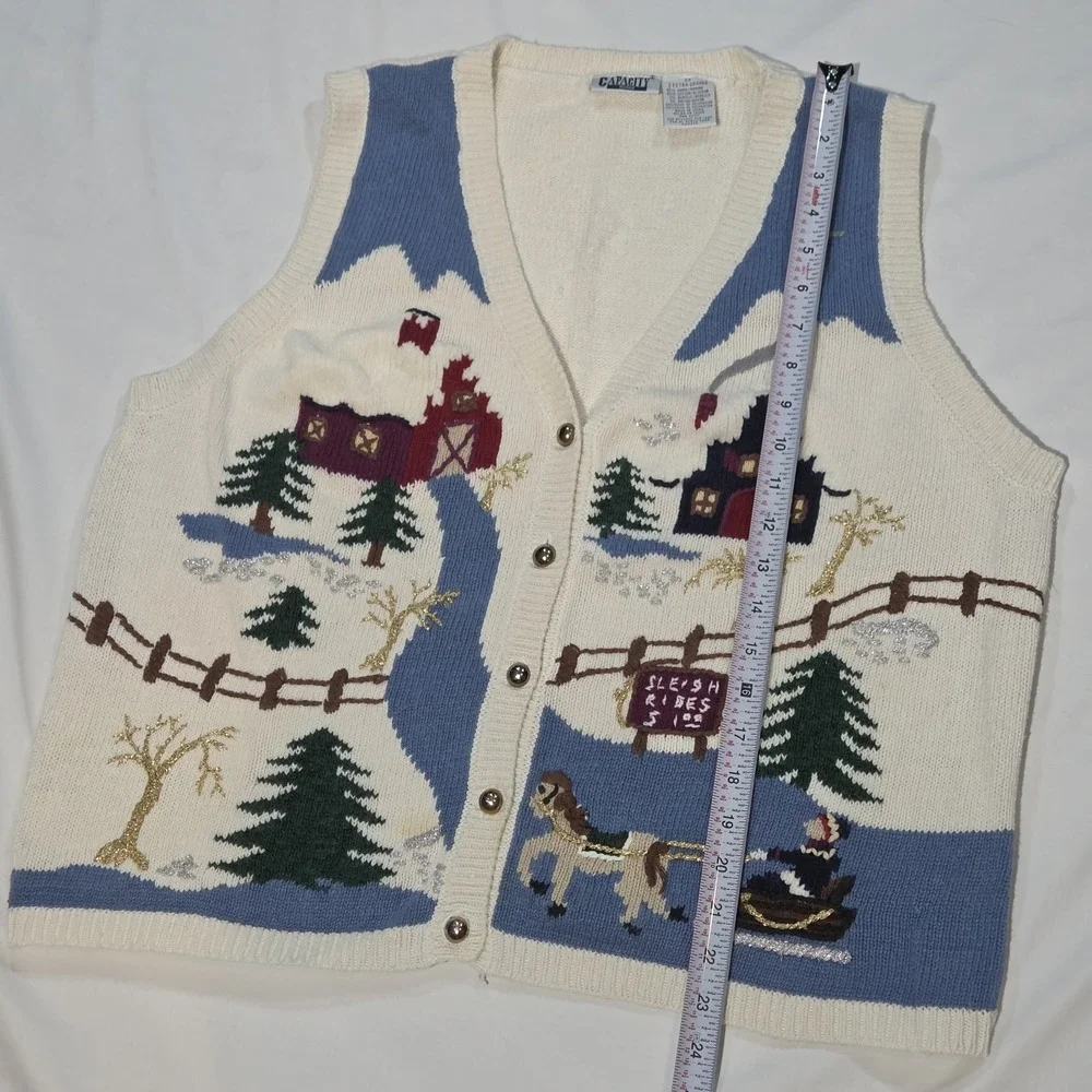 Capacity Sweater Vest Womens 2X White Winter Sleigh Ride Christmas Grandmacore